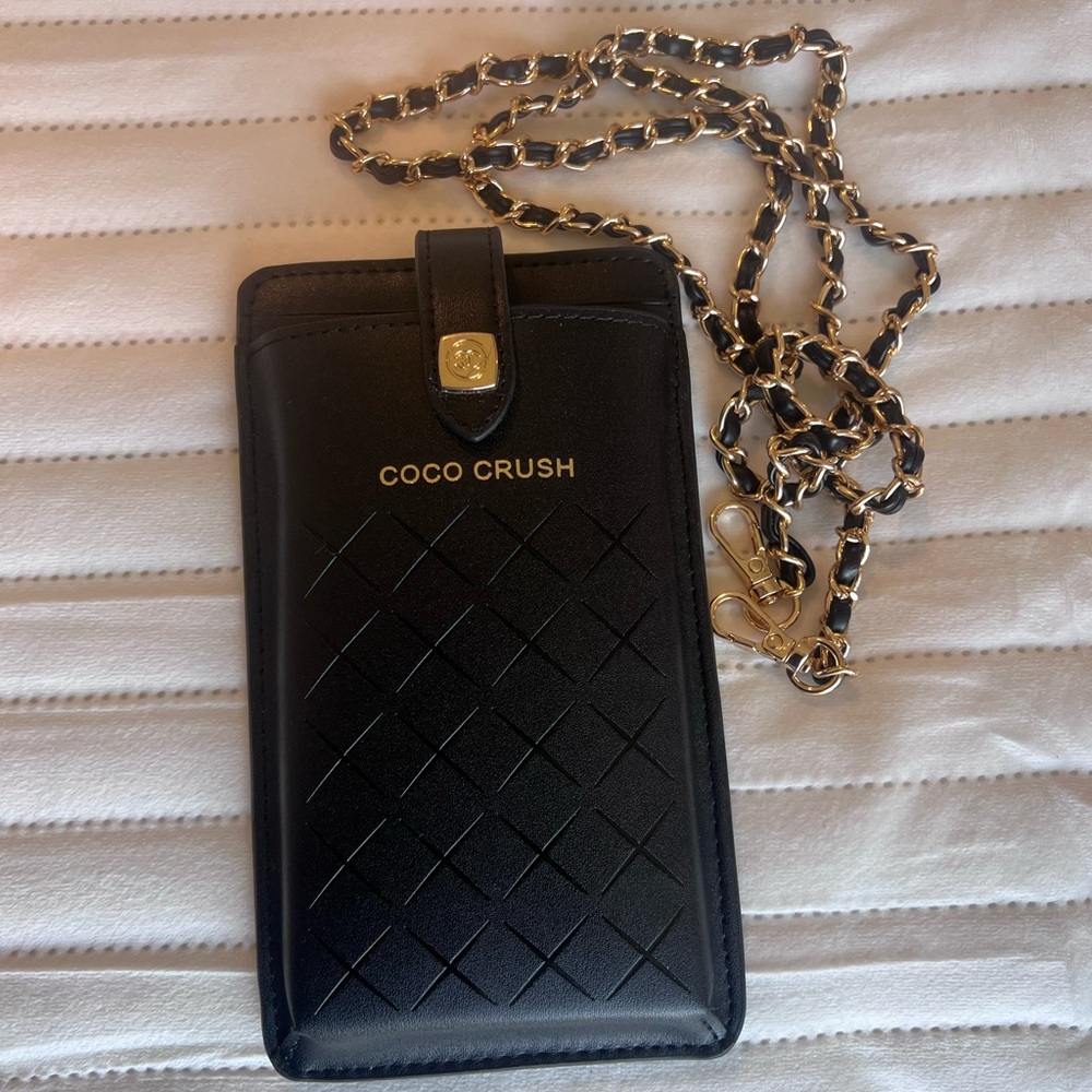 Chanel Coco Crush Blacm Quilted Phone Holder Crossbody with Chain Strap